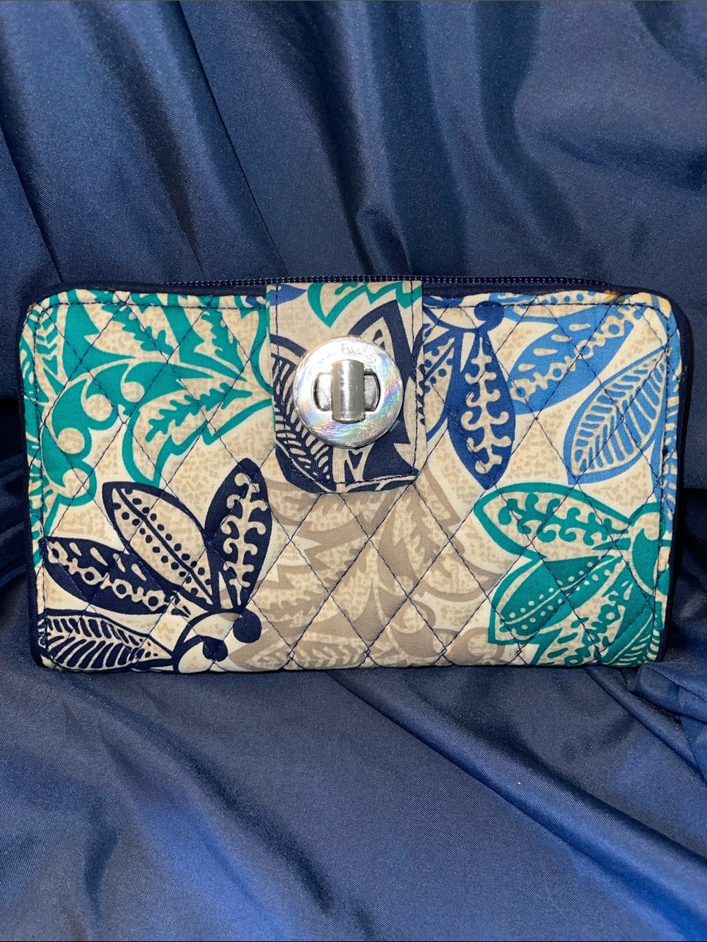 Vera Bradley Teal, Navy & Cream Quilted Floral Bifold Wallet with Turnlock